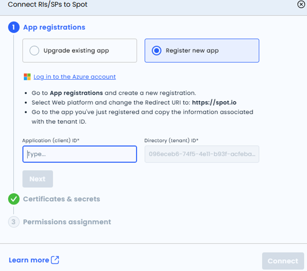 Screenshot of Azure App Registration new app step for commitments